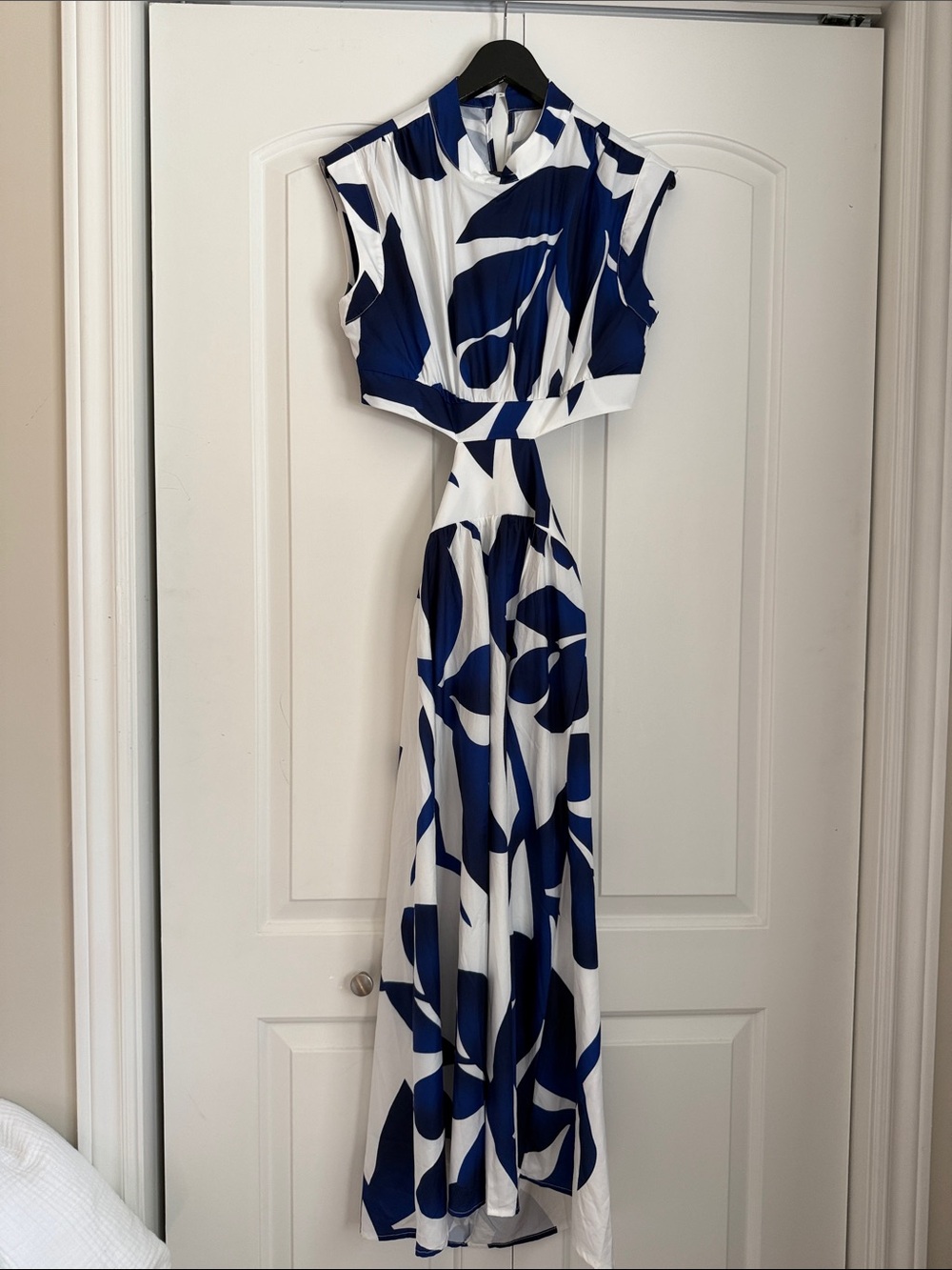 Blue & White Cutout Maxi Dress with High Neck